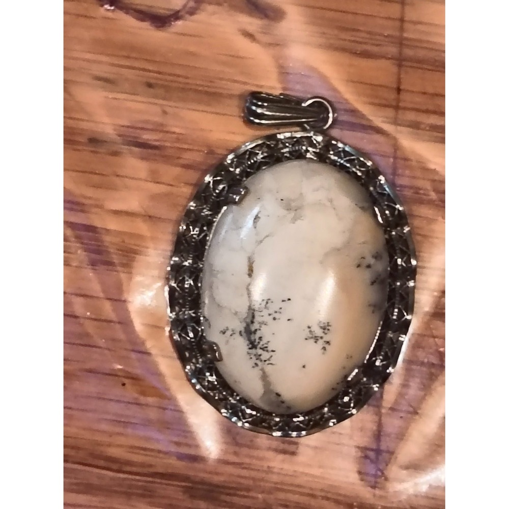 Vintage Sterling Silver Dendritic Agate Pendant Oval Filigree Bezel Cabochon